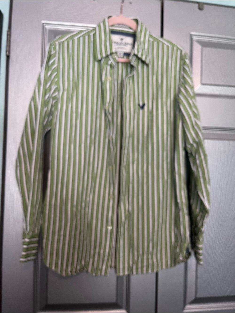American Eagle Outfitters Green and White Striped Button-Down Shirt